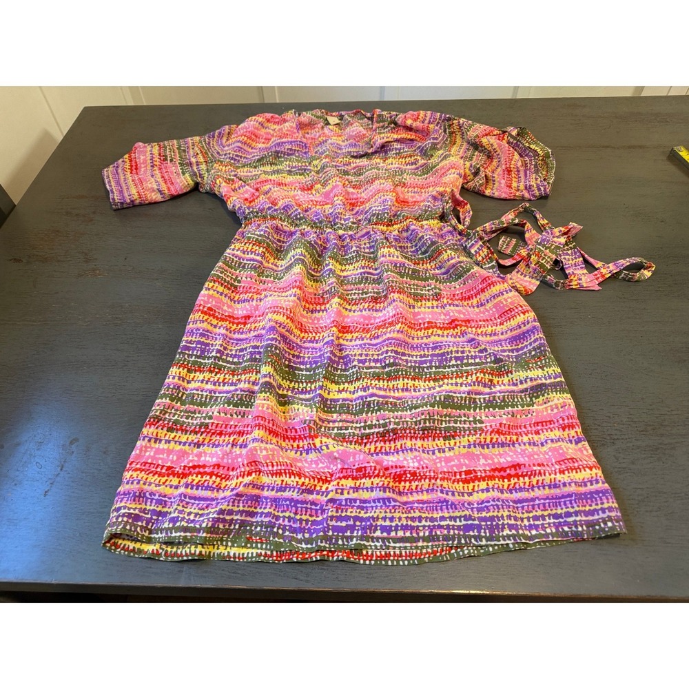 100% Silk Abstract Print Belted Mini Dress Pink Purple Orange Green Size M